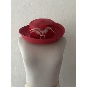 VTG Red August Pillbox Hat with Feathers Flower Netting Rhinestones Fascinator